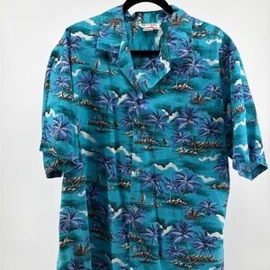 Vintage Evergreen Island Hawaiian Blue Palm Tree Pattern Shirt Made in Hawaii XL